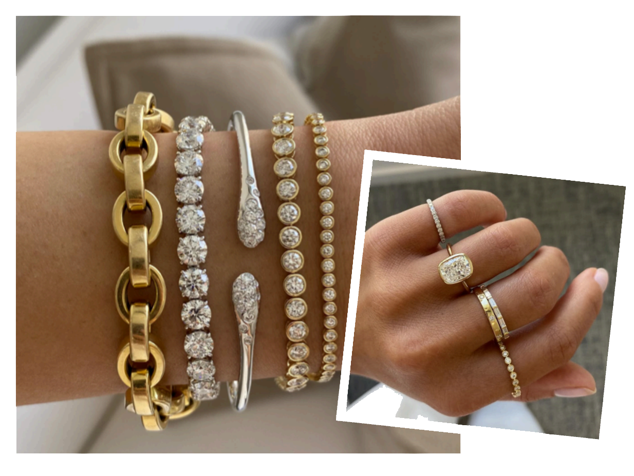 Gold chain and diamond bracelet stack